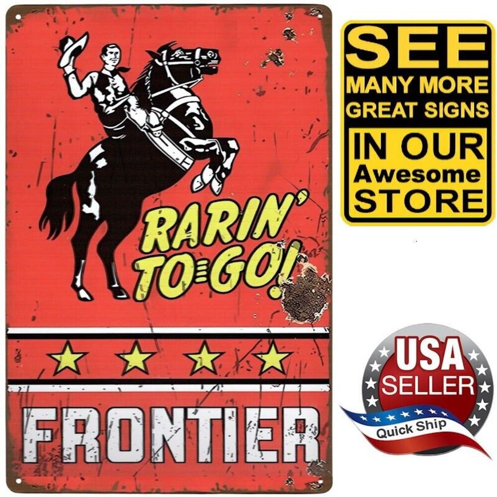 Tin Petroliana Sign • Frontier Gasoline 'Rarin' To Go' • Bucking Bronco & Rider